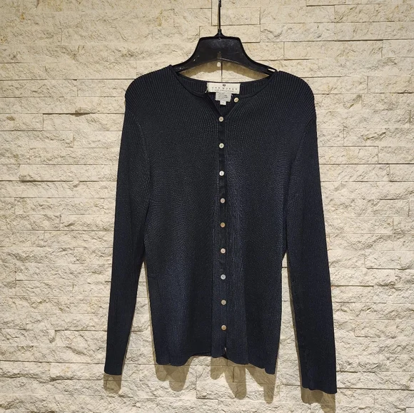 VINTAGE 100% Silk Cardigan Saks 5th Avenue The Works Black Ribbed Sweater Med - Picture 1 of 5